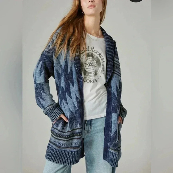 Lucky Brand Women’s Aztec Southwest Long Sweater Topper Car Coat Size Small - Picture 2 of 11